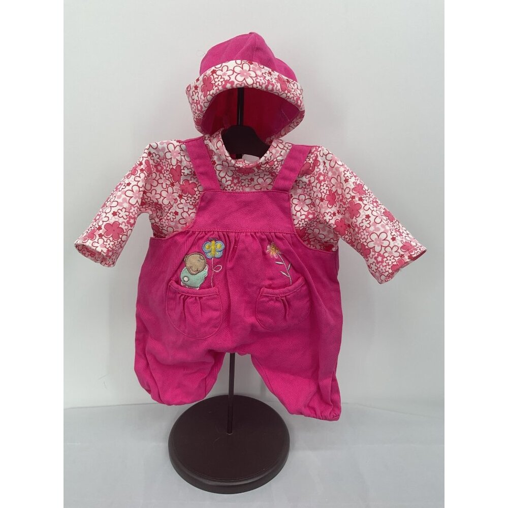 Pink Baby Doll Outfit Hat & Floral Shirt Embroidered Overalls